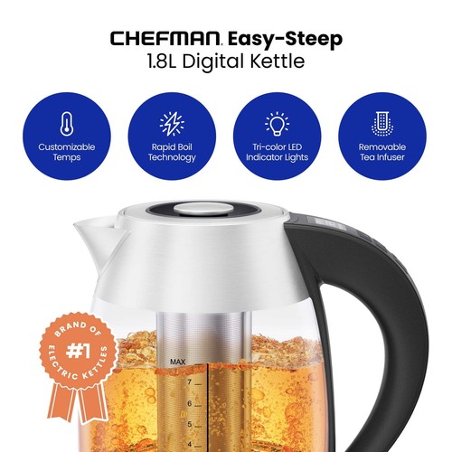 1.8L Digital Rapid-Boil Glass Kettle w/7 Temperature Presets and Tea Infuser - Picture 3 of 7