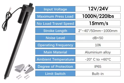 Motor Actuador Lineal 2~40 Pulgadas 12V 24V 220lbs 1000N Alta Velocidad 15mm/s Impermeable - Imagen 3 de 45