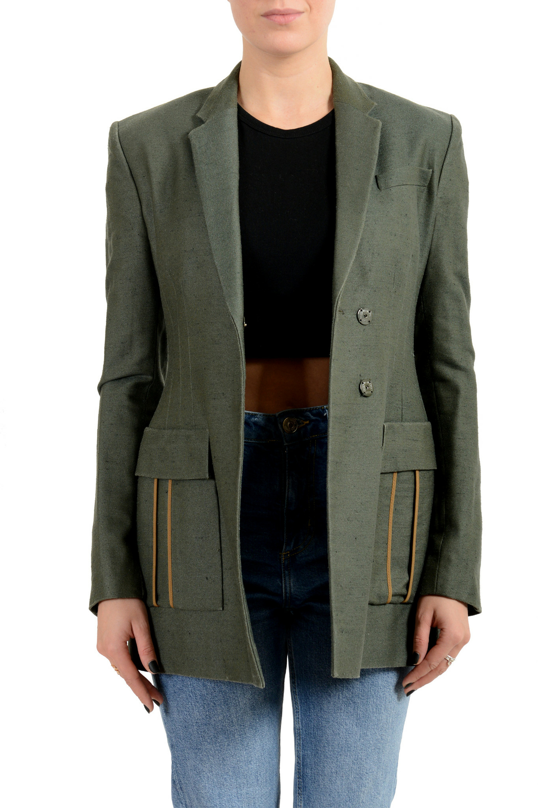 Green Silk Two Button Blazer Jacket 
