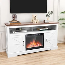 60" Fireplace TV Stand Mantel Wood Surround Firebox, Adjustable Flame, Remote