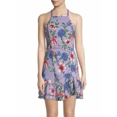 Parker Size 8 Amina Floral Purple Sleeveless Halter Dress Asymmetrical Hem Lined