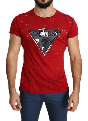 GUESS T-shirt Red 100% Cotton Logo Print Men Casual Top Tee Perforated s.L $60