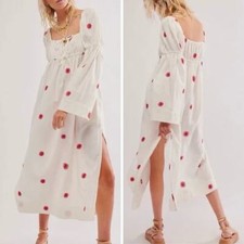 New! Free People Floral Emory Embroidered Sun Midi Dress white red, size L