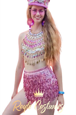 Pink Rhinestone Festival Body Chain Sequin Tassel Skirt UK