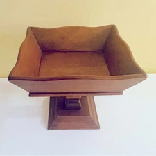 Vtg Square Wood Pedestal Bowl Centerpiece Fruit Bread Scalloped
