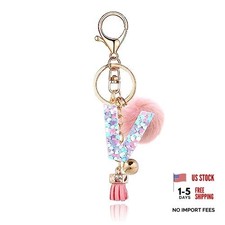 Resin Alphabet Initial Letter Keychain Keyring for Women Pink Fur Ball Letter V