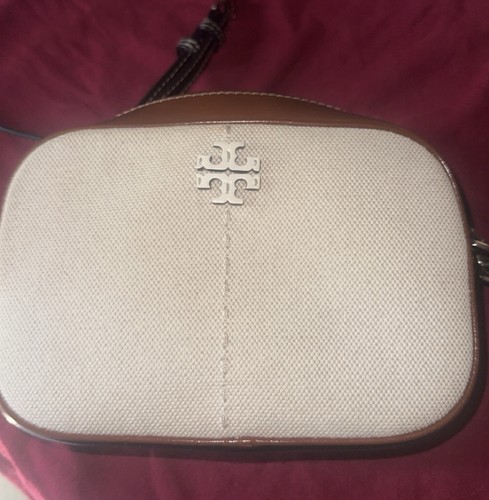 Tory Burch Small Crossbody Bag Beige/Brown Plaid Lined Zip Logo Gold