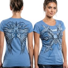 XTREME COUTURE by AFFLICTION Blue BATTLE-X Short Sleeve Womens Y2K T-shirt NWT