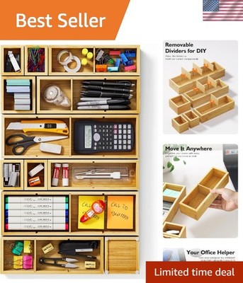 12-Piece Bamboo Drawer Organizer Set with 24 Adjustable Compartments - Luxuri...