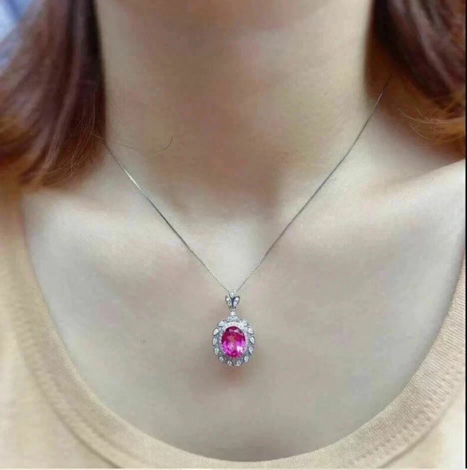 3 克拉椭圆形切割实验室碧玺女式链式吊坠 14K 镀白金 — 第 2/3 张图片