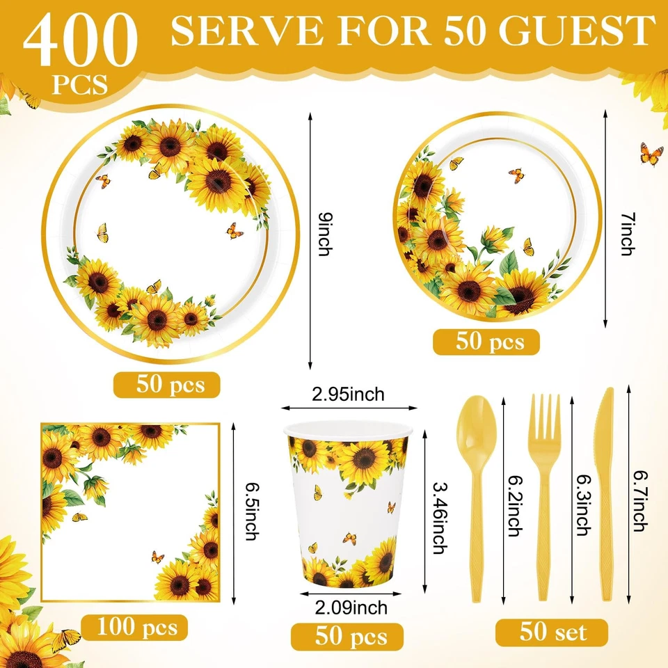 400 piezas suministros de fiesta de girasol para 50 invitados platos desechables servilletas tazas... Foto 2 de 4