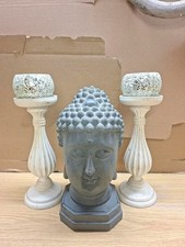 Buddha Kopf Statue  Figur + 2 Kerzenständer Dekoration Set Asiatisch Asia Deco