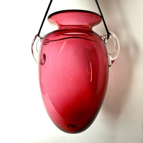 VTG Murano Italian Hanging Vase Blown Ruby Red With Round Base & Applied Handles