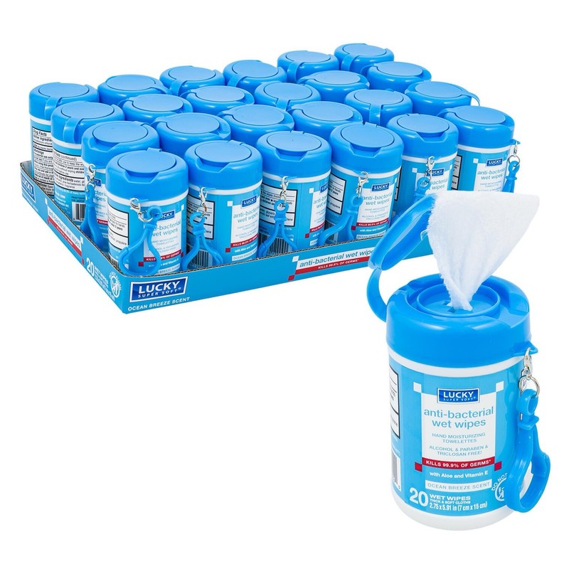 Case Of 20 Travel Mini Lucky Super Soft Anti-Bacterial Wet Wipes Ocean Breeze