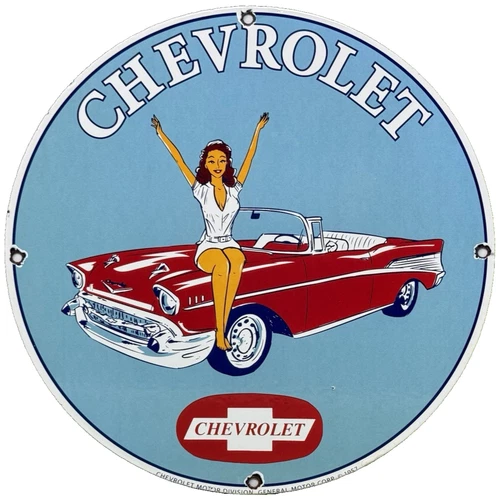 VINTAGE CHEVROLET PIN UP PORCELAIN SIGN GENERAL MOTORS DEALERSHIP GAS OIL FORD