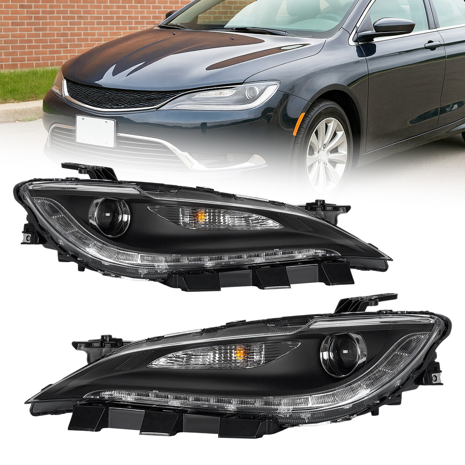 Right+Left For Chrysler 200 2015-2017 Halogen Headlight w/o LED DRL Chrome Trim