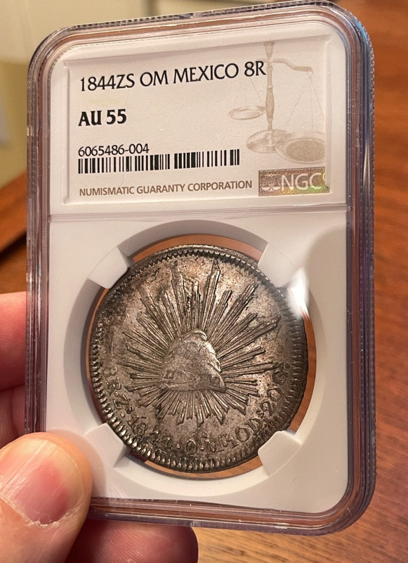 (#101854) Mexico: 1844 ZS OM  8 reales. NGC AU 55. Zacatecas Mint!  (see video!)