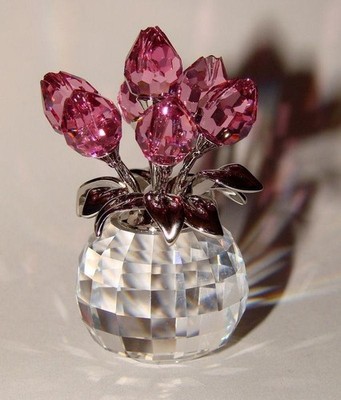 Swarovski Crystal Memories Pink Tulips Rhodium Leaves In Vase W/Box