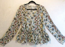 Time And Tru Blouse Woman  XL (16-18) multicolored Floral Print Beads Ruffle NEW