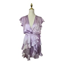 Amanda Uprichard 100% Silk Ruffle Wrap Mini Dress Purple Lilac Short Sleeve S Nw