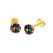 14K Solid Yellow Gold Rainbow Mystic Topaz Round Stud Earrings Push Backing