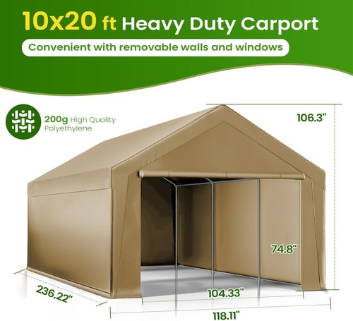 Outdoor 10'x20' Heavy Duty Carport w/2 Doors&2 Sidewalls,Canopy Garage Tent Shed - Picture 4 of 18