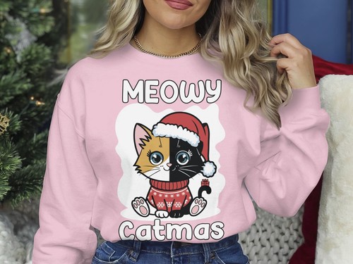 Christmas Sweatshirt Meowy Catmas Funny Cat Xmas Sweater Christmas Jumper Day - Picture 6 of 8