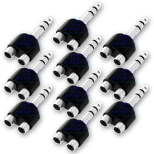 10X Male Stereo 1/4" 6.35mm Jack to Twin/2X Female RCA/Phono Adapter NP LOT