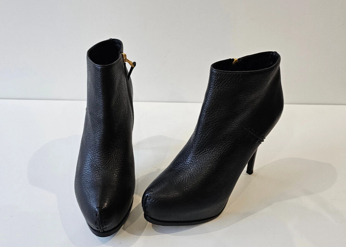 FENDI Selleria Black Leather Stitched Detail Platform Ankle Boots 42