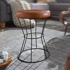 FineBuy Tabouret Métal / Cuir véritable 35x48x35 cm Rembourré Petit tabouret
