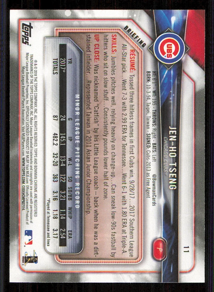2018 Bowman #11 Jen-Ho Tseng RC - Image 2 of 2