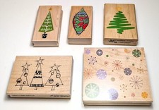 LOT OF 5 Rubber and Wood Stamps Retro Christmas/ Winter Theme