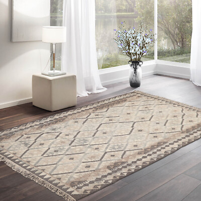 LoomBloom 5'3''x7'7'' Beige Hand Woven Southwestern Kilim Flat Weave Wool Area Rug