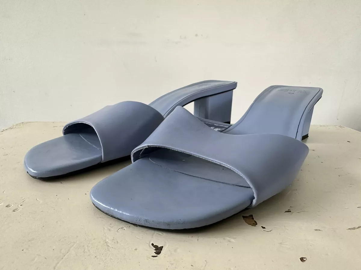 Zara Powder Blue Leather Block Heel Square Open Toe Sandals Size 11 US 42 EU