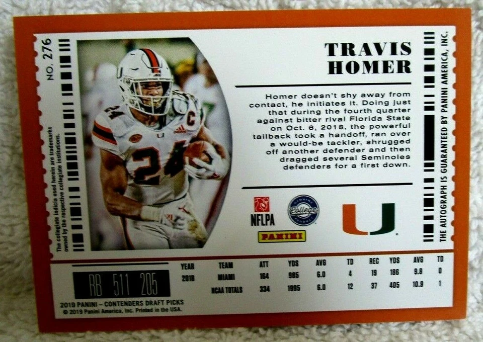 TRAVIS HOMER RC 2019 PANINI CONTENDERS DRAFT PICKS ROOKIE AUTO!SEAHAWKS RB RC - Image 2 of 2