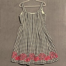 Nine West Black White Gingham Check Pink Embroidered Dress Womens 12 Lined