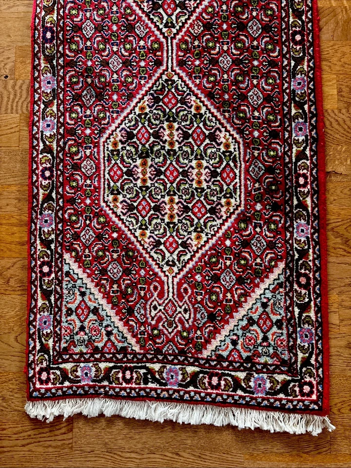 罕见 窄 2 X 9 True Bidjar Runner 地毯 Herati Mahi Scarlet Sage Sky 状况完好 — 第 3/4 张图片