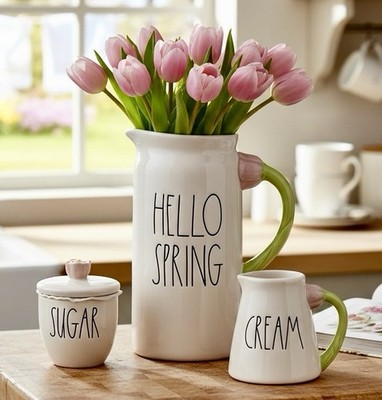 Rae Dunn HELLO SPRING Tulip Pitcher Sugar Creamer Set  For Easter Or Spring NEW