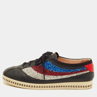 Gucci Falacer Gr. 40 Schwarz Leder und Glitzer Web Low Top Sneaker