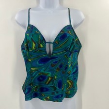 Frederick's of Hollywood Cami Top Large Peacock Print Blue Green Satin Keyhole