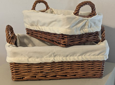 Wicker Bathroom Baskets - Handles Cream Cloth Liner - SET OF 2 - Preowned