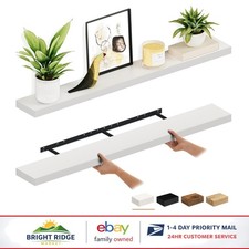 Floating Wall Shelves Set of 2, 55 Inch White Wood for Living Room or Bathroom