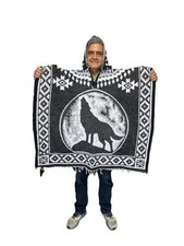 2XL MEXICAN PONCHO WITH HOOD , HOWLING WOLF BLANKET , ONE SIZE , BLACK  WHITE