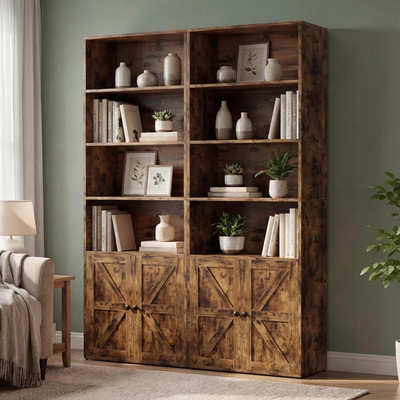 Tall Farmhouse Bookshelf with Storage, 4-Tier Industrial Bookcase, 2 PCS