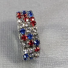 VINTAGE RHINESTONE  RED WHITE BLUE Stretch SILVER Ring Size 8.