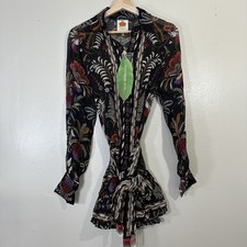 Farm Rio Women’s XS Classic Garden Black Long Sleeve Belted Mini Dress NEW