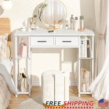 White Vanity Desk W/ Fabric Drawers Makeup Table Storage Shelves Girls Desk New