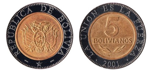 2001-2017 Bolivia 5 Bolivianos, KM #224, 5 BOB