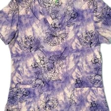 GT Performance Womens Medium Scrub Top Purple White Med Floral Flowers Pockets M