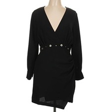 NWT Zara Black Long Sleeve V-Neck Faux Wrap Dress Sz L